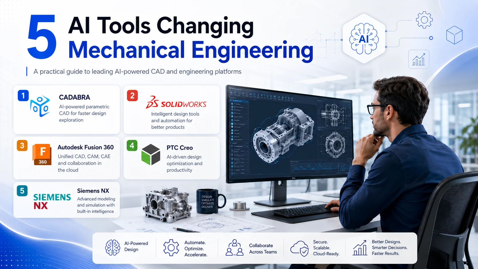 5 Best AI Tools for Mechanical Engineers in 2026 Five leading AI tools for mechanical engineers in 2026: CADABRA, SOLIDWORKS, Autodesk Fusion, PTC Creo, and Siemens NX
